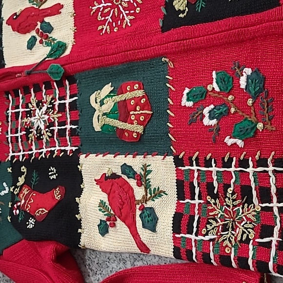 Tiara International Large Christmas Patchwork Cardigan Full Zipper Sweater - Picture 6 of 12